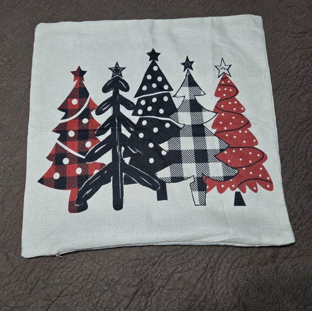 Holiday Black and Red Buffalo Check and Polka-dot Christmas Trees Pillow Cover
